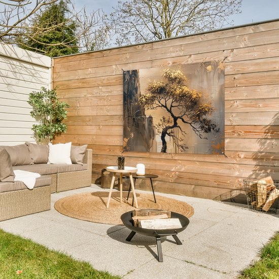 Tuinposter 120x90 cm - Tuindecoratie Boom - Goud - Landschap - Verf - Poster voor in de tuin - Buiten decoratie - Schutting tuinschilderij - Tuindoek muurdecoratie - Wanddecoratie balkondoek