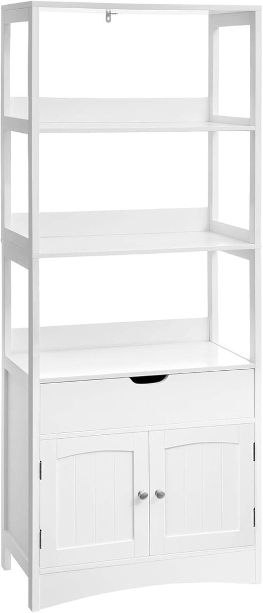Homesy hoge kast, badkamermeubel, vrijstaande badkamerkast, boekenkast, 3 open vakken, 1 lade en 2 kastdeuren, 60 x 32,5 x 154 cm, hal, keuken, bureau, wit