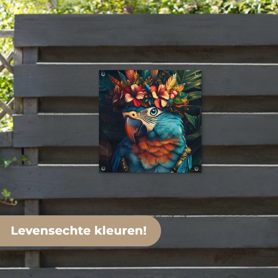 Tuinposter 50x50 cm - Tuindecoratie Papegaai - Vogel - Kleurrijk - Bloemen - Bladeren - Poster voor in de tuin - Buiten decoratie - Schutting tuinschilderij - Tuindoek muurdecoratie - Wanddecoratie balkondoek