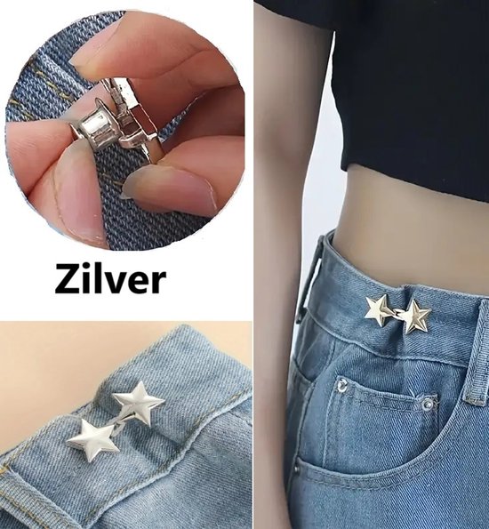 Boutons de raccourcissement de jeans en forme d'étoile | Réducteur de taille de jeans | Boucle de taille | Bouton de réglage de pantalon | Universel | 4,5 cm | 1 Set | Argent