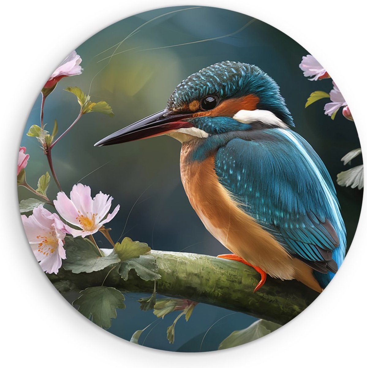 Saammp Muurcirkel Hout - Kingfisher met Bloesem - Natuur - Abstract - Ø 80 - Wandcirkel - Wanddecoratie Cirkel - Muurdecoratie Woonkamer - Kantoor Decoratie