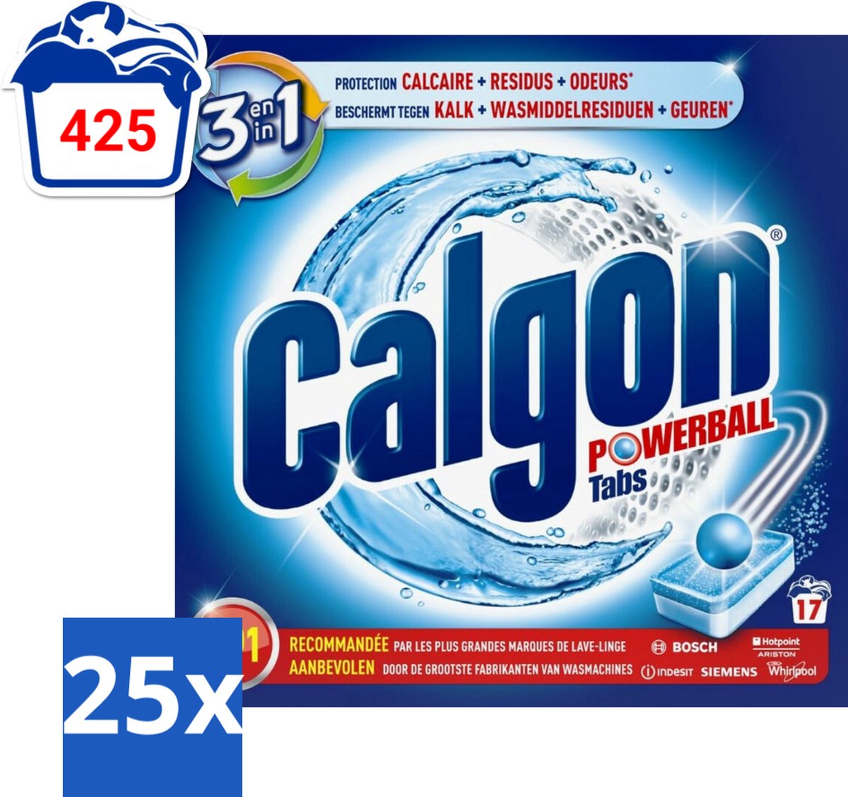 Calgon - Ontkalkingsmiddel - Tegen Kalk, Wasmiddelresiduen & Geuren - 17 Tabletten - Bulkverpakking - 25 stuks