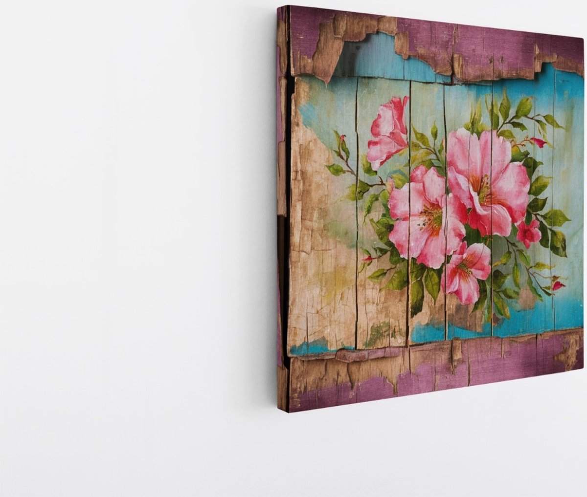 Saammp Canvas Schilderij - Bloemen op hout - Roze - Abstract - 60x60 - Foto op canvas - Wanddecoratie - Muurdecoratie Woonkamer - Kantoor Decoratie Multicolor