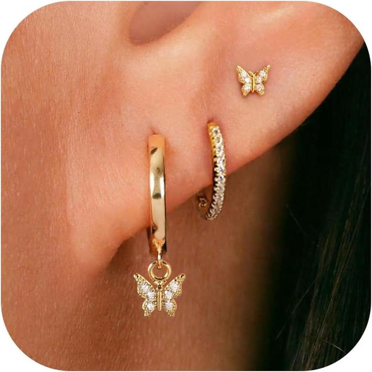 14K gouden hoepel oorbellen verguld met vlinder - set van 3 pairs
