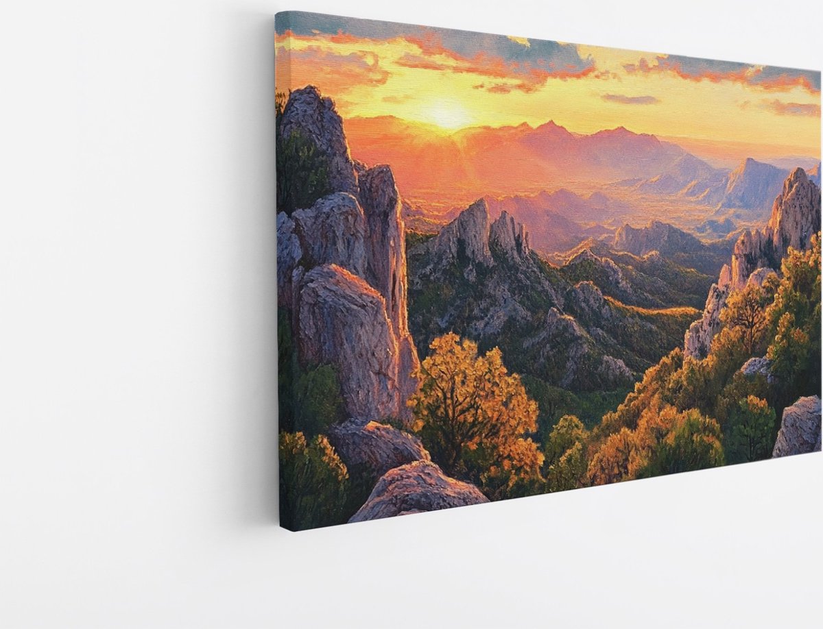Saammp Canvas Schilderij - Natuur - Bergtoppen met bomen - landschap - 90x60 - Foto op canvas - Wanddecoratie - Muurdecoratie Woonkamer - Slaapkamer decoratie - Canvas Print Multicolor