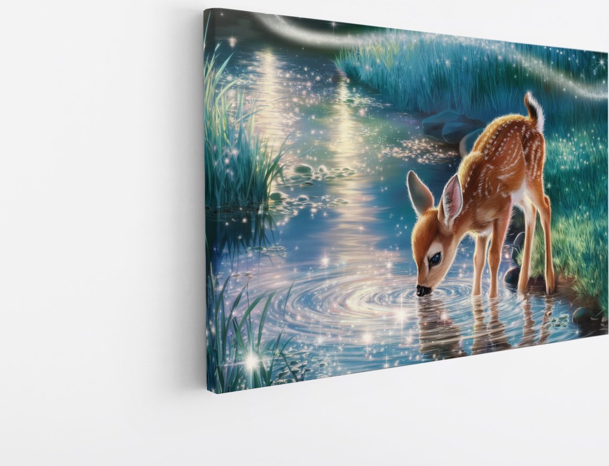 Saammp Canvas Schilderij - Drinkend hertje - Abstract - Natuur - Dieren - 45x30 - Foto op canvas - Wanddecoratie - Muurdecoratie Woonkamer - Slaapkamer decoratie - Canvas Print Multicolor