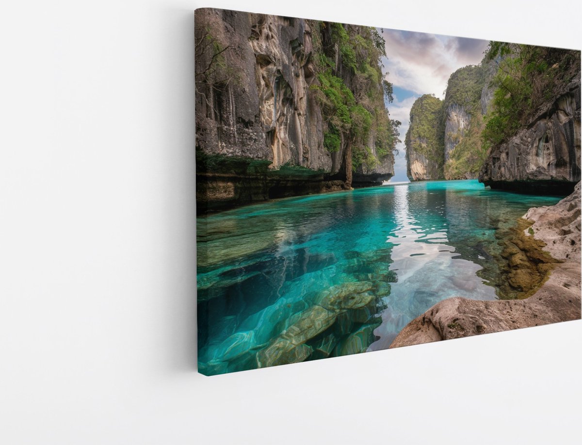 Saammp Canvas Schilderij - Blauw water tussen de rotsen - Landschap - Natuur - 50x40 - Foto op canvas - Wanddecoratie - Muurdecoratie Woonkamer - Slaapkamer decoratie - Canvas Print Multicolor
