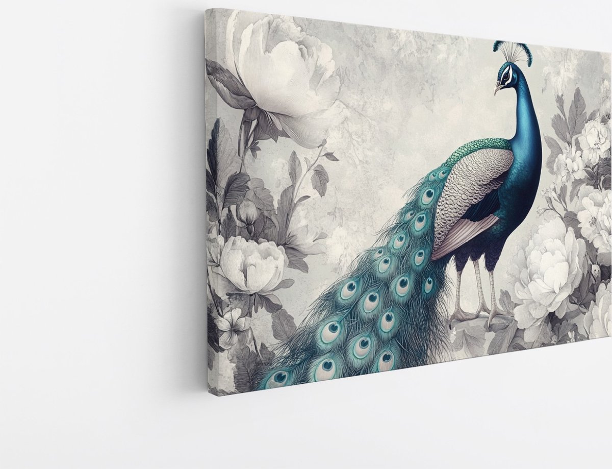 Saammp Canvas Schilderij - Pauw met witte Bloemen - Dieren - Natuur - 30x20 - Foto op canvas - Wanddecoratie - muurdecoratie Woonkamer - Slaapkamer decoratie - Canvas Print Multicolor