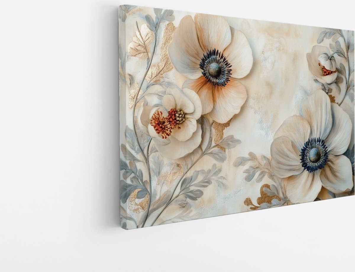 Saammp Canvas Schilderij - Vintage Anemonen en Bloemenpatroon - Tijdloze Kunst - Foto op canvas - Wanddecoratie Woonkamer - Landelijke Stijl - 70x50 Multicolor