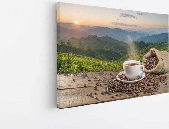 Tableau sur toile Saammp - Tasse de Café - Grains - Paysage - 120x80 - Photo sur toile - Décoration murale - Décoration murale de cuisine - Décoration de chambre - Impression sur toile