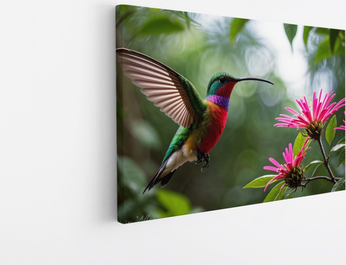 Saammp Canvas Schilderij - Kolibrie - Portret - Natuur - Dieren - 120x80 - Foto op canvas - Wanddecoratie - Muurdecoratie Woonkamer - Slaapkamer decoratie - Canvas Print Multicolor