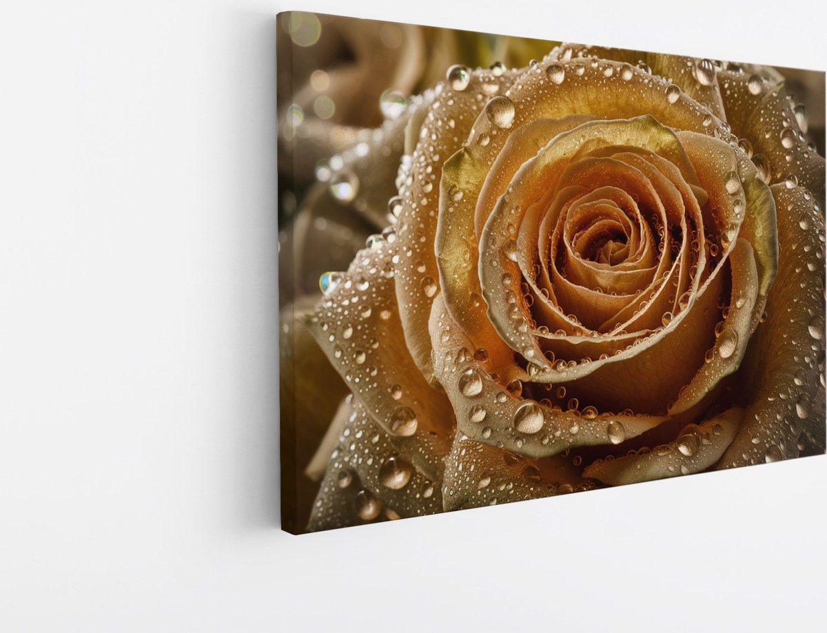 Saammp Canvas Schilderij - Gedetailleerde Roos - Goudkleurige - Abstract - 100x75 - Foto op canvas - Wanddecoratie - Muurdecoratie Woonkamer - Kantoor Decoratie Multicolor