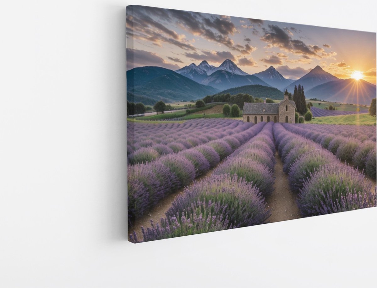 Saammp Canvas Schilderij - Landschap - Lavendel tusen de bergen - Natuur - 30x20 - Foto op canvas - Wanddecoratie - Muurdecoratie Woonkamer - Slaapkamer decoratie - Canvas Print Multicolor