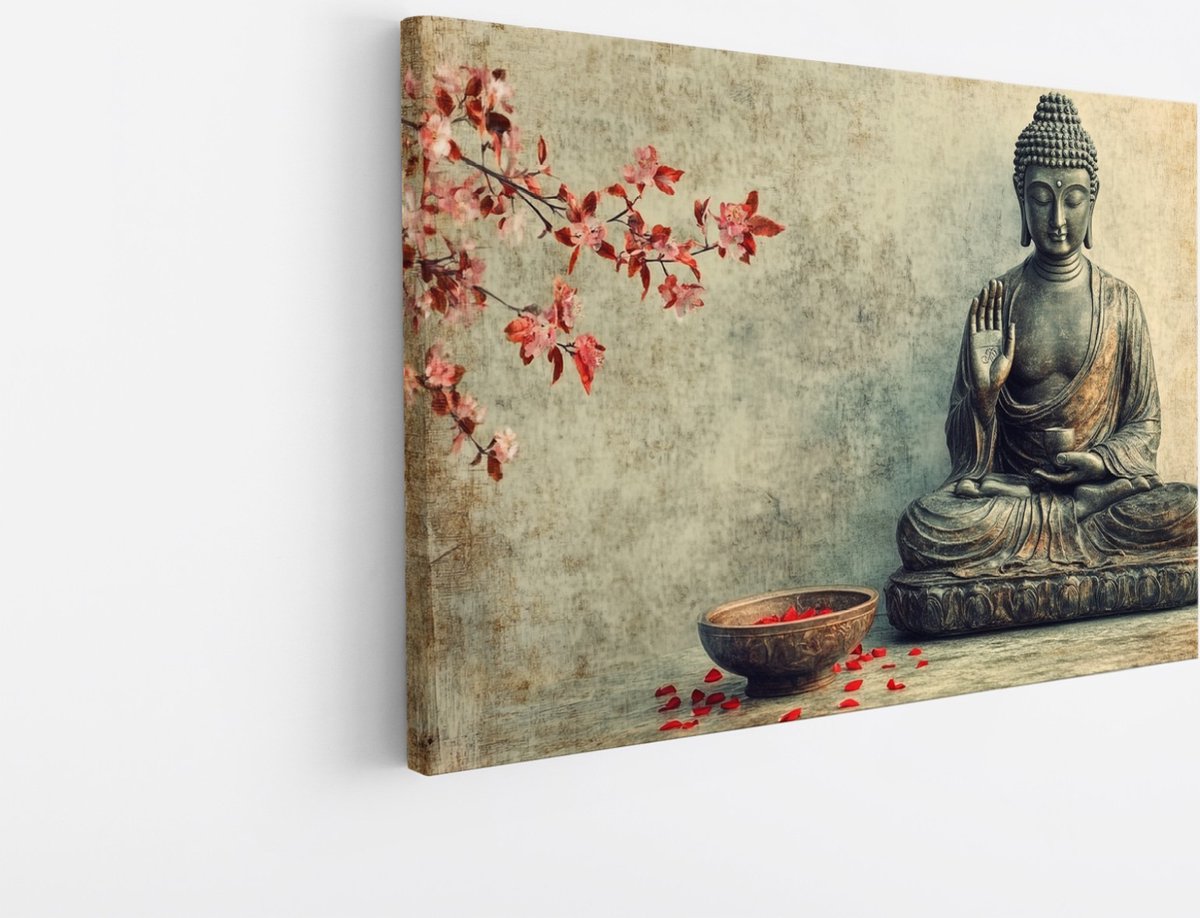 Saammp Canvas Schilderij - Boeddha met herfst bladeren - 30x20 - Foto op canvas - Wanddecoratie - Muurdecoratie Woonkamer - Canvas schilderijen Multicolor