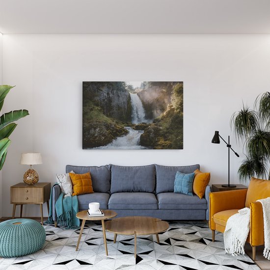 Saammp Canvas Schilderij - Waterval tussen de rotsen - Bos - Landschap - Natuur - 150x100 - Foto op canvas - Wanddecoratie - Muurdecoratie Woonkamer - Slaapkamer decoratie - Canvas Print