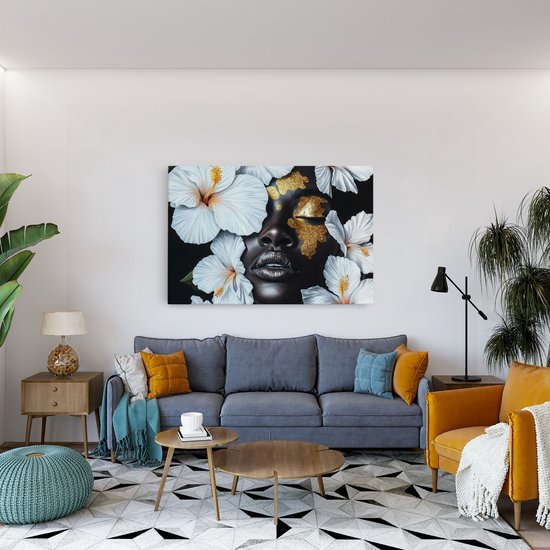 Saammp Canvas Schilderij - Abstract - Afrikaanse Vrouw - Witte Bloemen - 150x100 - Foto op canvas - Wanddecoratie - Muurdecoratie Woonkamer - Slaapkamer decoratie - Canvas Print