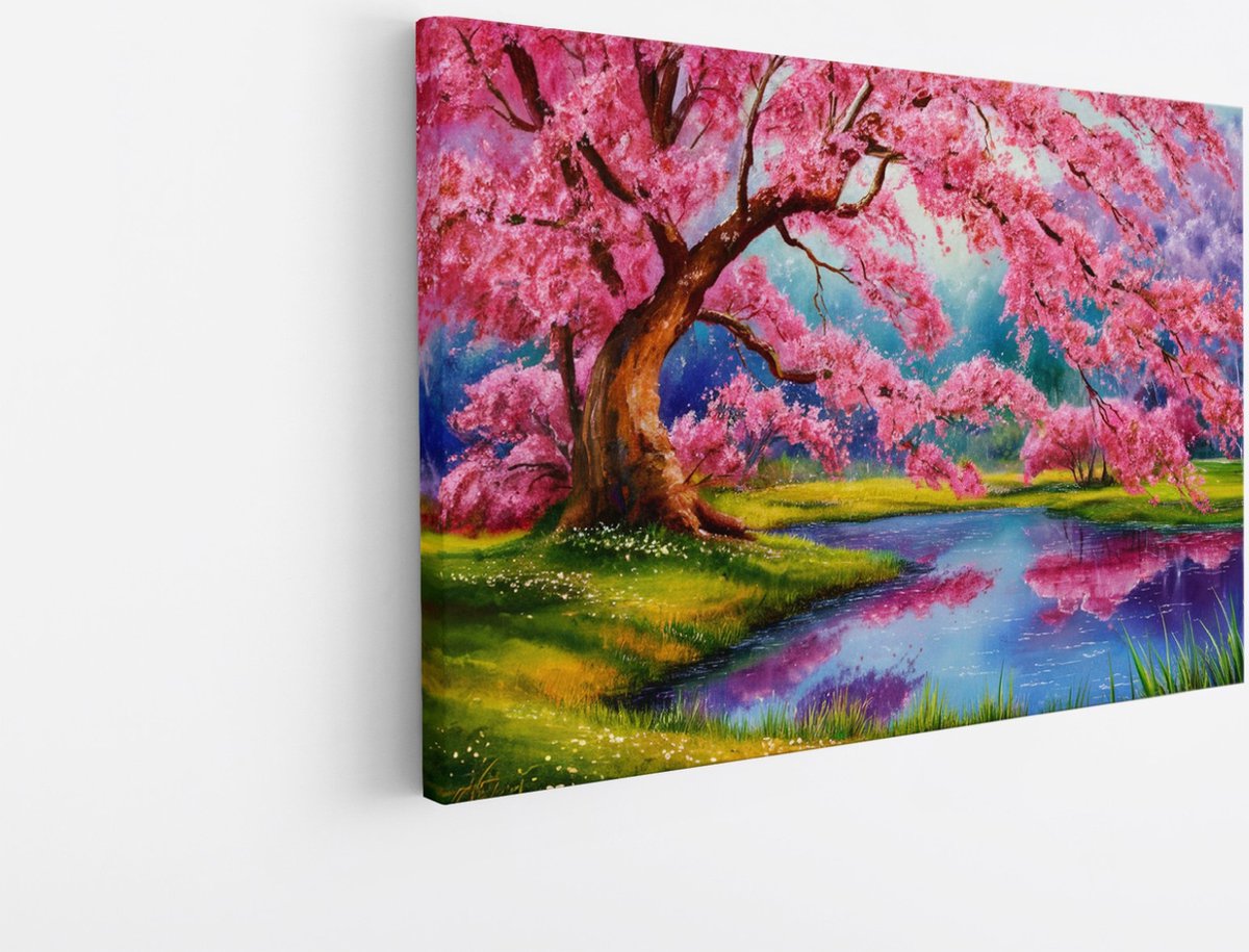 Saammp Canvas Schilderij - Roze boom aan een meer - Natuur - Landschap - 100x75 - Foto op canvas - Wanddecoratie - Muurdecoratie Woonkamer - Slaapkamer decoratie - Canvas Print Multicolor