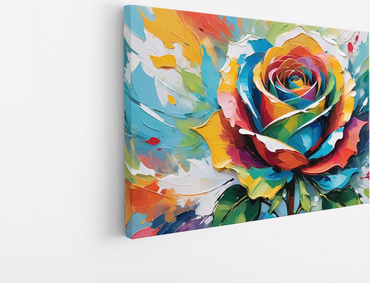 Saammp Canvas Schilderij - Kleurrijke Roos - Bloemen - Abstract - 45x30 - Foto op canvas - Wanddecoratie - Muurdecoratie Woonkamer - Kantoor Decoratie Multicolor
