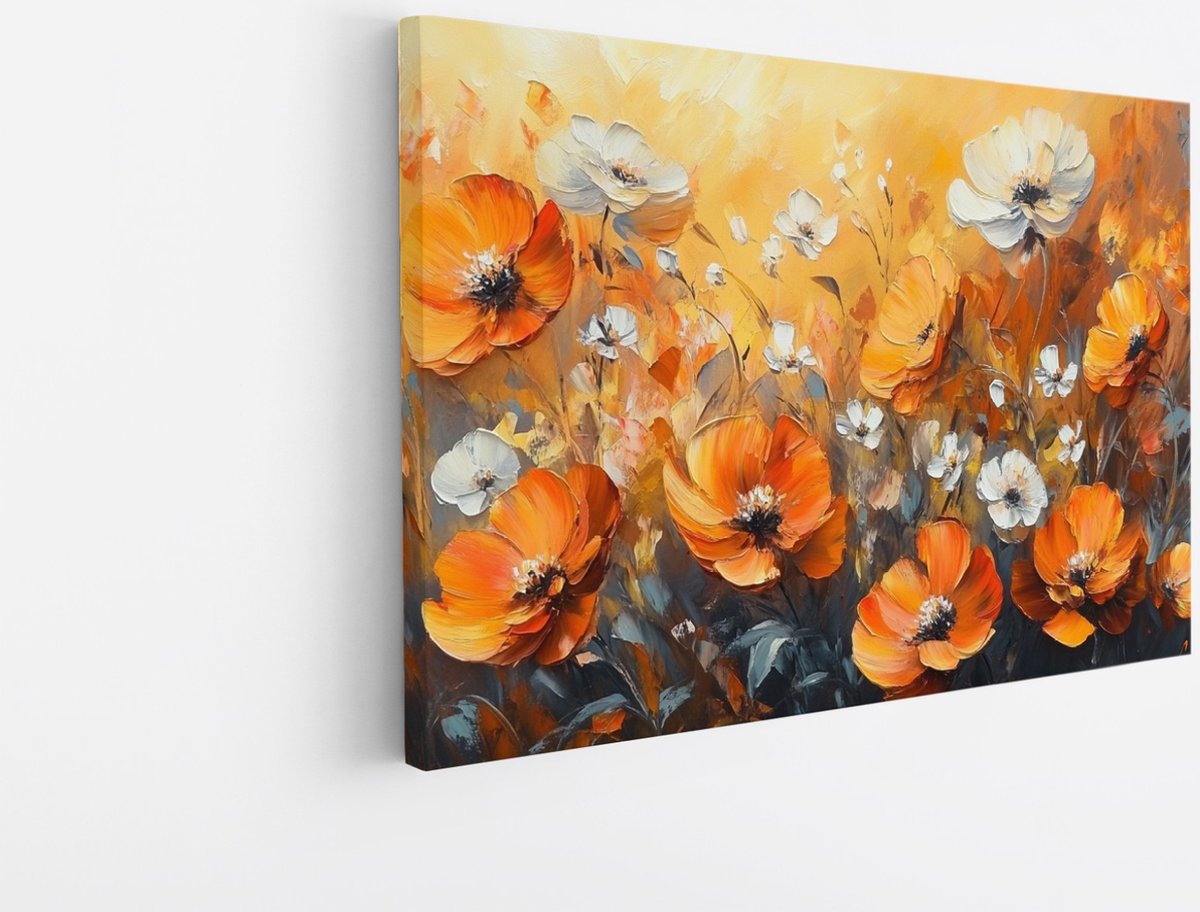 Saammp Canvas Schilderij - Oranje en witte bloemen - Natuur - Abstract - 40x30 - Foto op canvas - Wanddecoratie - Muurdecoratie Woonkamer - Woonkamer Decoratie Multicolor