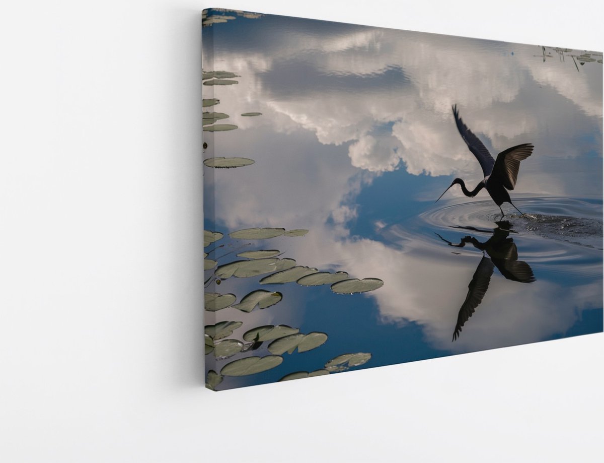 Saammp Canvas Schilderij - Reiger - Dieren - Bloemen - 30x20 - Foto op canvas - Wanddecoratie - muurdecoratie Woonkamer - Slaapkamer decoratie - Canvas Print Multicolor