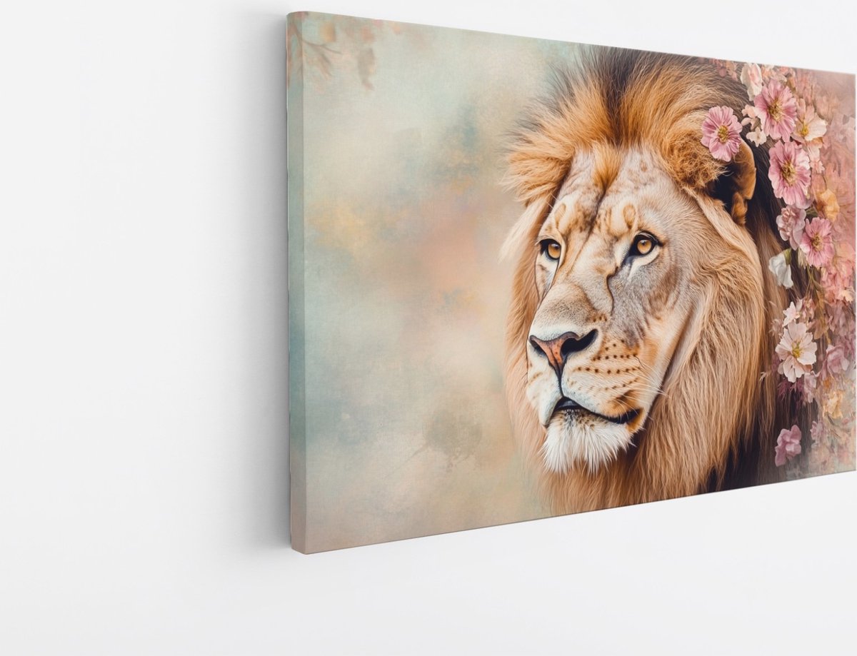 Saammp Canvas Schilderij - Leeuw met roze bloemen - Dieren - Abstract - 40x30 - Foto op canvas - Wanddecoratie - Muurdecoratie Woonkamer - Slaapkamer decoratie - Canvas Print Multicolor
