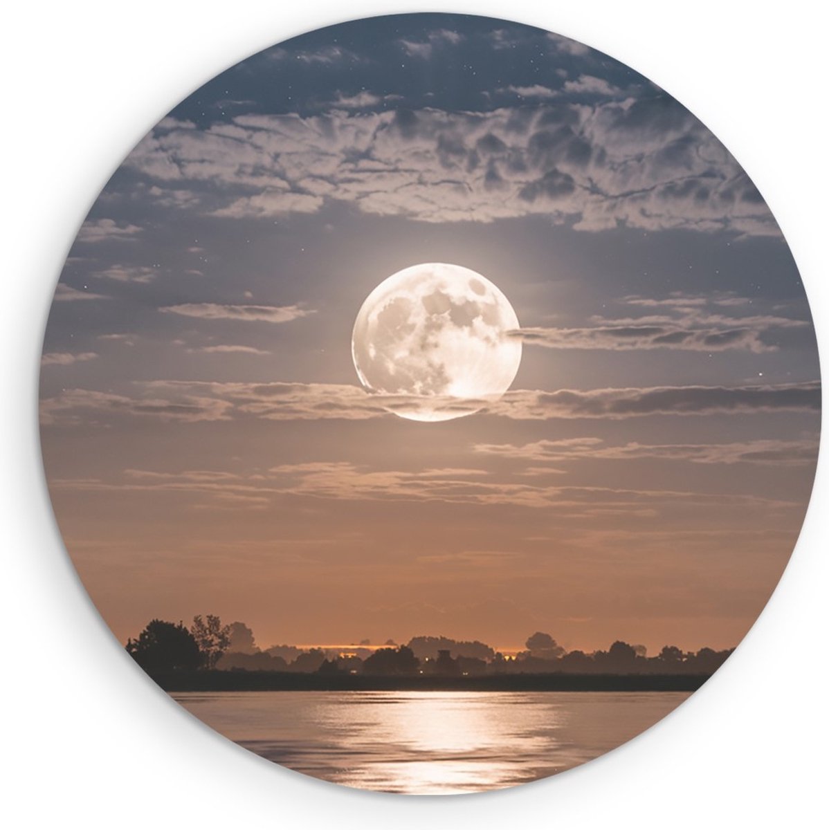 Saammp Muurcirkel Hout - Maan boven de stad - Landschap - Natuur - Ø 70 - Wandcirkel - Wanddecoratie Cirkel - Muurdecoratie Woonkamer - Slaapkamer decoratie - Rond Schilderij