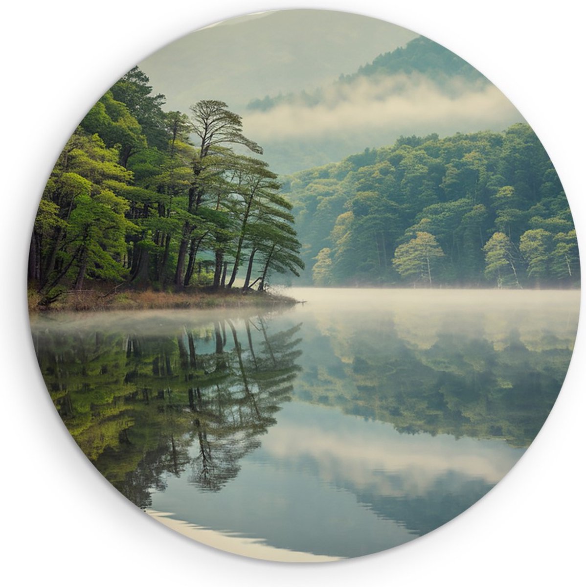 Saammp Muurcirkel Hout - Noorwegen - Bergen met mist - Landschap - Natuur - Ø 30 - Wandcirkel - Wanddecoratie Cirkel - Muurdecoratie Woonkamer - Slaapkamer decoratie - Rond Schilderij