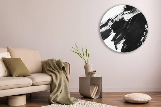 Saammp Cercle Mural Bois - Balayages Wit Zwart - Abstrait - Ø 40 - Cercle Mural - Décoration murale Cercle - Décoration murale Salon - Décoration Chambre - Tableau Rond