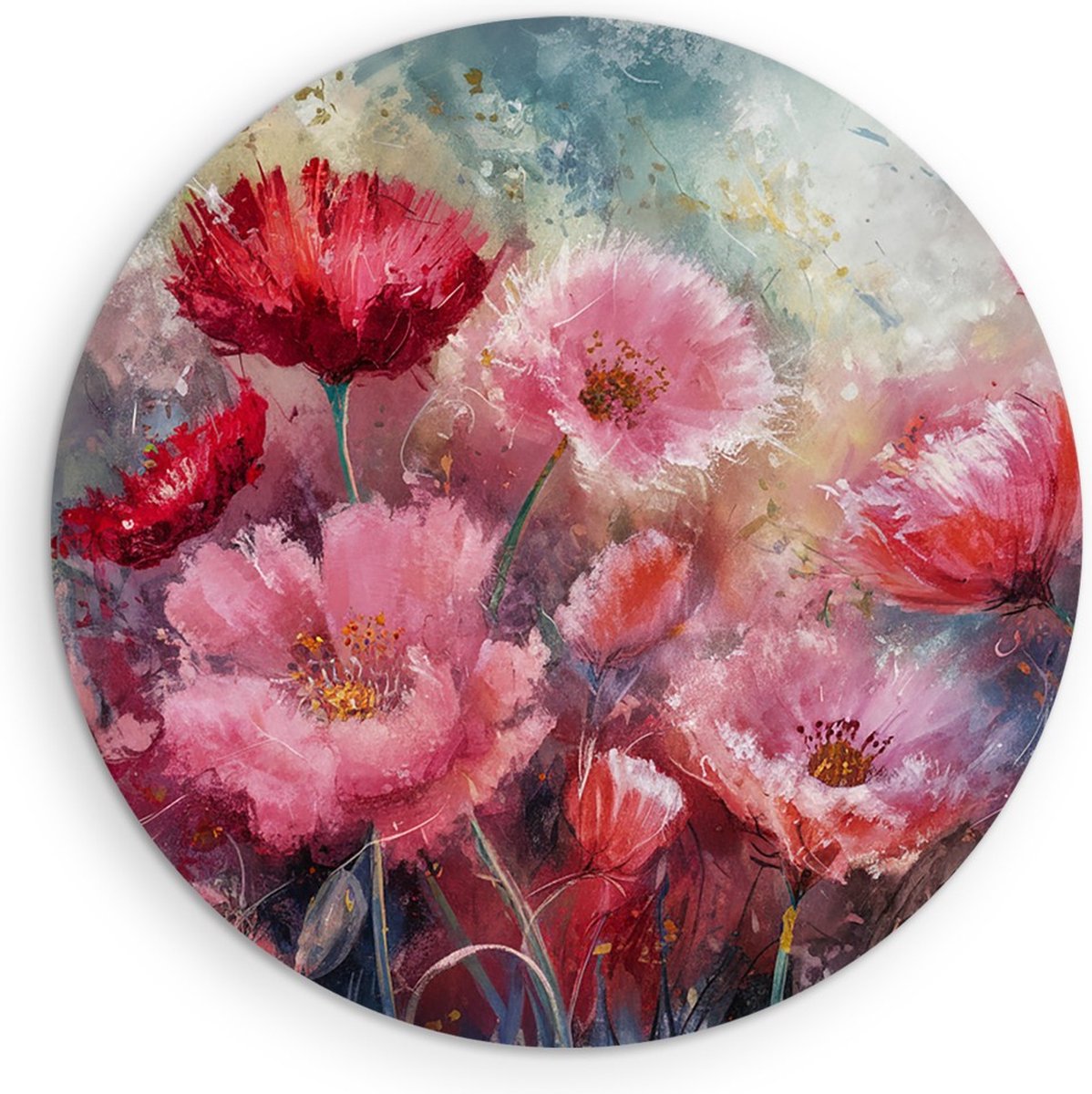 Saammp Muurcirkel Hout - Roze met rode bloemen - Abstract - Ø 60 - Wandcirkel - Wanddecoratie Cirkel - Muurdecoratie Woonkamer - Kantoor Decoratie