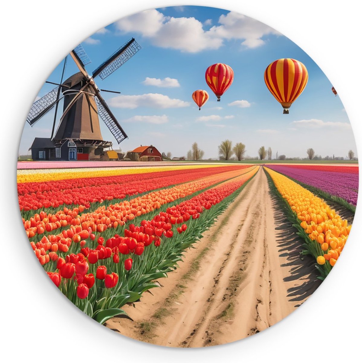Saammp Forex Muurcirkel - Landschap - Luchtballonnen boven een tulpenveld met een molen - Natuur - Ø 50 - Wandcirkel - Wanddecoratie Cirkel - Muurdecoratie Woonkamer - Slaapkamer decoratie - Rond Schilderij