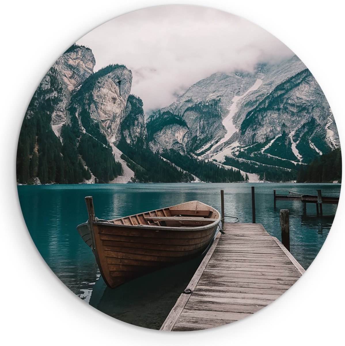 Saammp Forex Muurcirkel - Boot aan steiger in de dolomieten - Landschap - Natuur - Ø 40 - Wandcirkel - Wanddecoratie Cirkel - Muurdecoratie Woonkamer - Slaapkamer decoratie - Rond Schilderij
