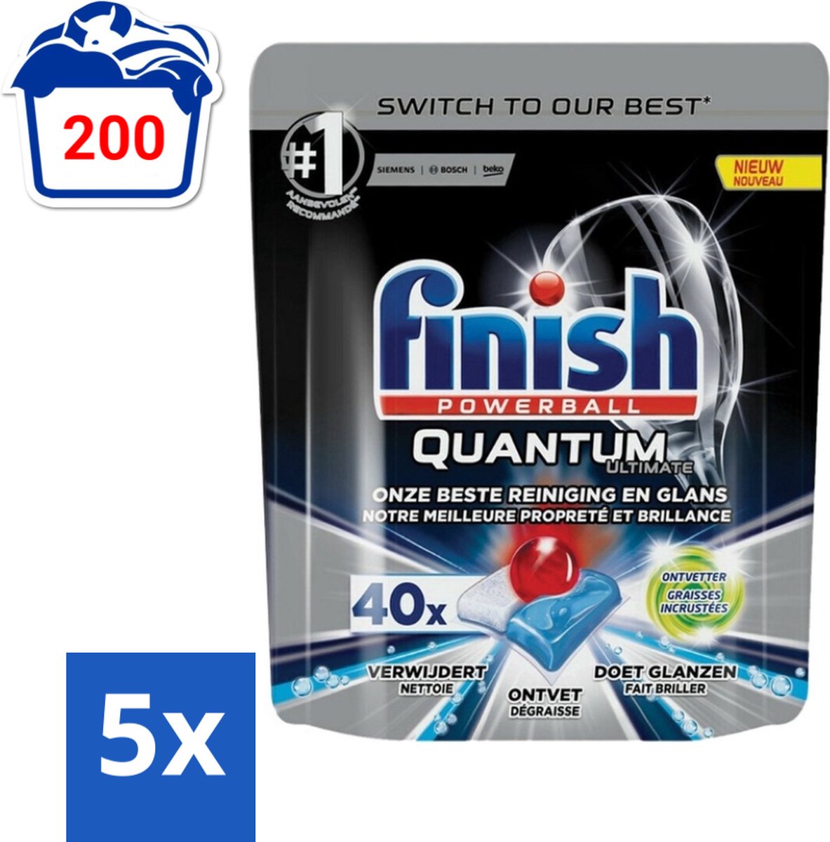 5 x Finish Powerball - Quantum Ultimate - Vaatwastabletten - Ontvetter - 40 Tabletten - Vaatwasmiddel - Vaatwastablet - Ontvetter - Vaatwasser - Vetverwijdering