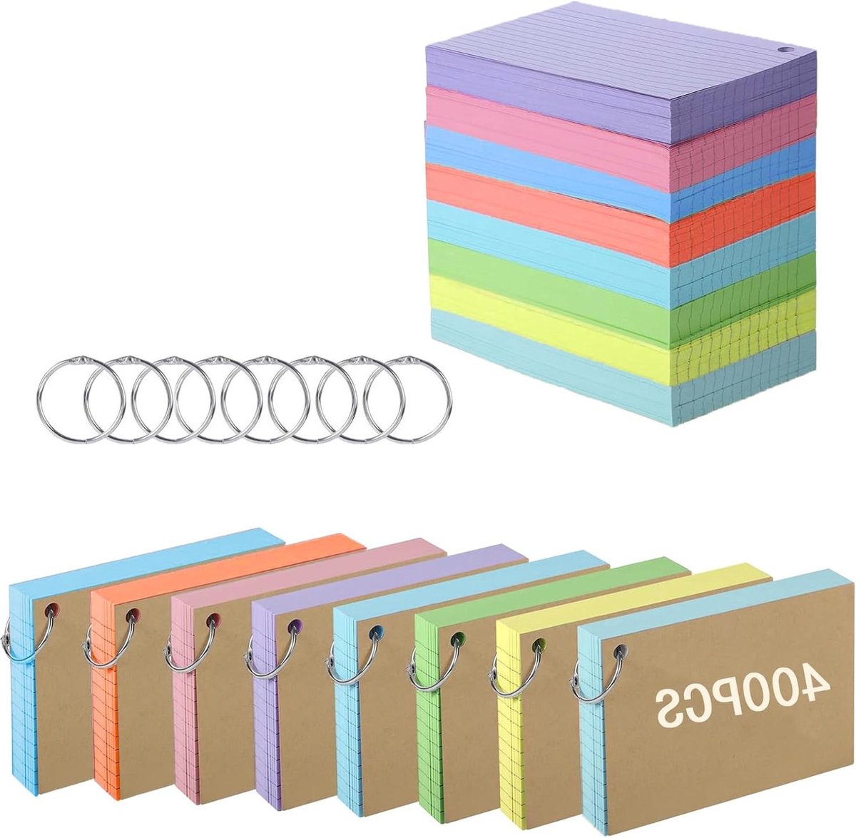 Gekleurde indexkaarten 400 stuks - Gelijnde notitiekaarten - 8 x 10 cm - Ringflitskaarten - Voor thuiskantoor universiteit - Studie geheugennotitie nemen .