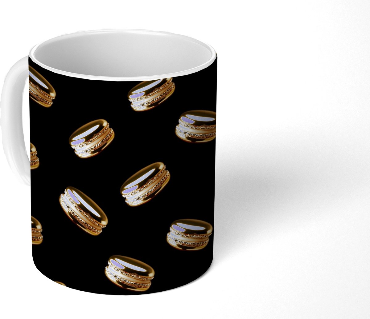 Mok - Koffiemok - Macarons - Patroon - Goud - Zwart - Mokken - 350 ML - Beker - Koffiemokken - Theemok