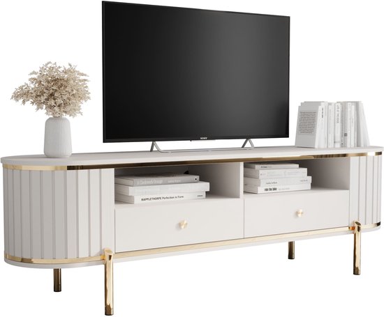 Woonkamerset – TV-Lowboard 270 cm en Wandkast Hangkast, Vit Hoogglans Modern Design, Hangende Meubelset voor Woonkamer