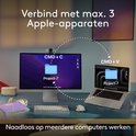 Deux écrans d'ordinateur connectés à un clavier Logitech MX Keys S gris et une souris blanche.