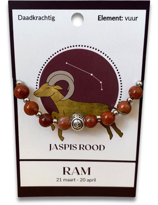 Bracelet en perles de jaspe rouge avec breloque argentée et illustration du Bélier.