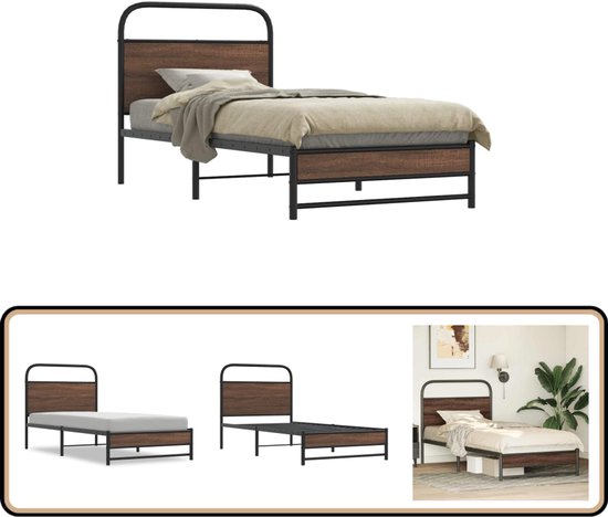 vidaXL Bedframe bewerkt hout en metaal bruin eikenkleurig 100x200 cm vidaXL Bedframe bewerkt hout en metaal bruin eikenkleurig 100x200 cm