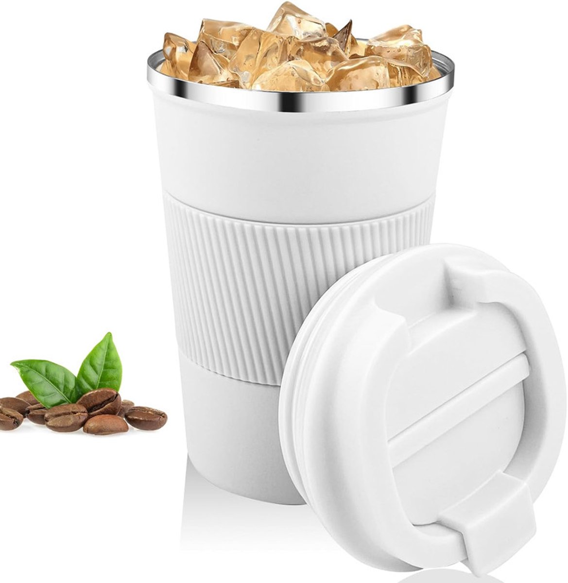 Reisbeker - 510 ml geïsoleerde koffiemok - herbruikbare koffiemok reisbeker - geïsoleerde vacuüm roestvrijstalen waterfles - draagbare koffiemok - lekvrije deksel - geschikt voor auto, buiten, picknick, kantoor - Wit - 16.5*7cm