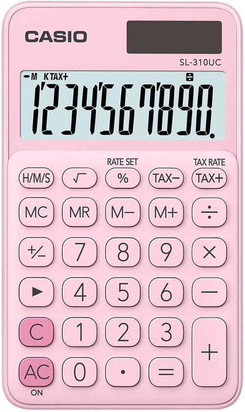 Roze Casio SL-310UC rekenmachine met 10-cijferig display.
