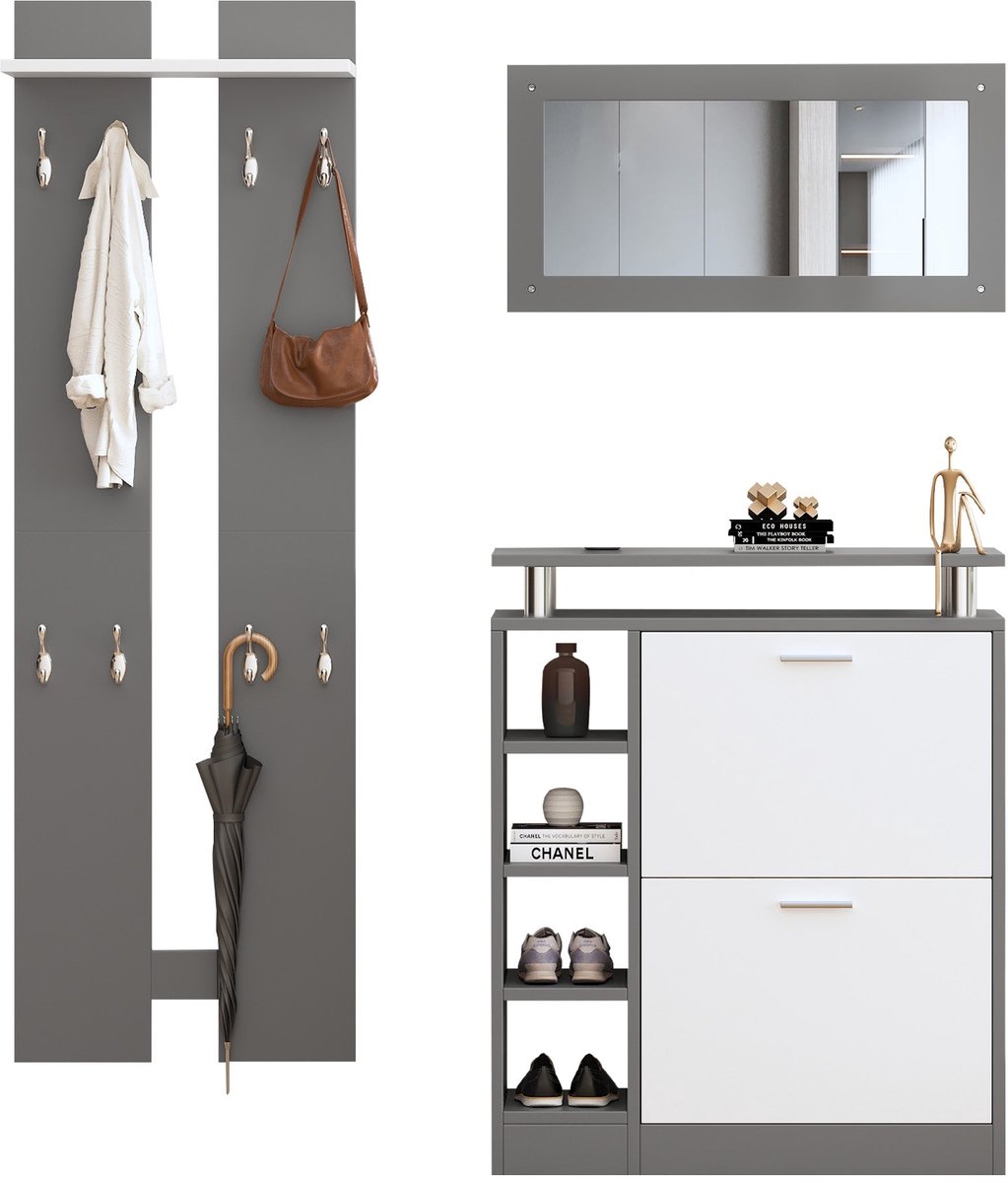 Merax Wandgarderobe Set – Spiegel met Wandpanelen en Schoenenkast – Grijs met Wit – 80x25x96.5 cm