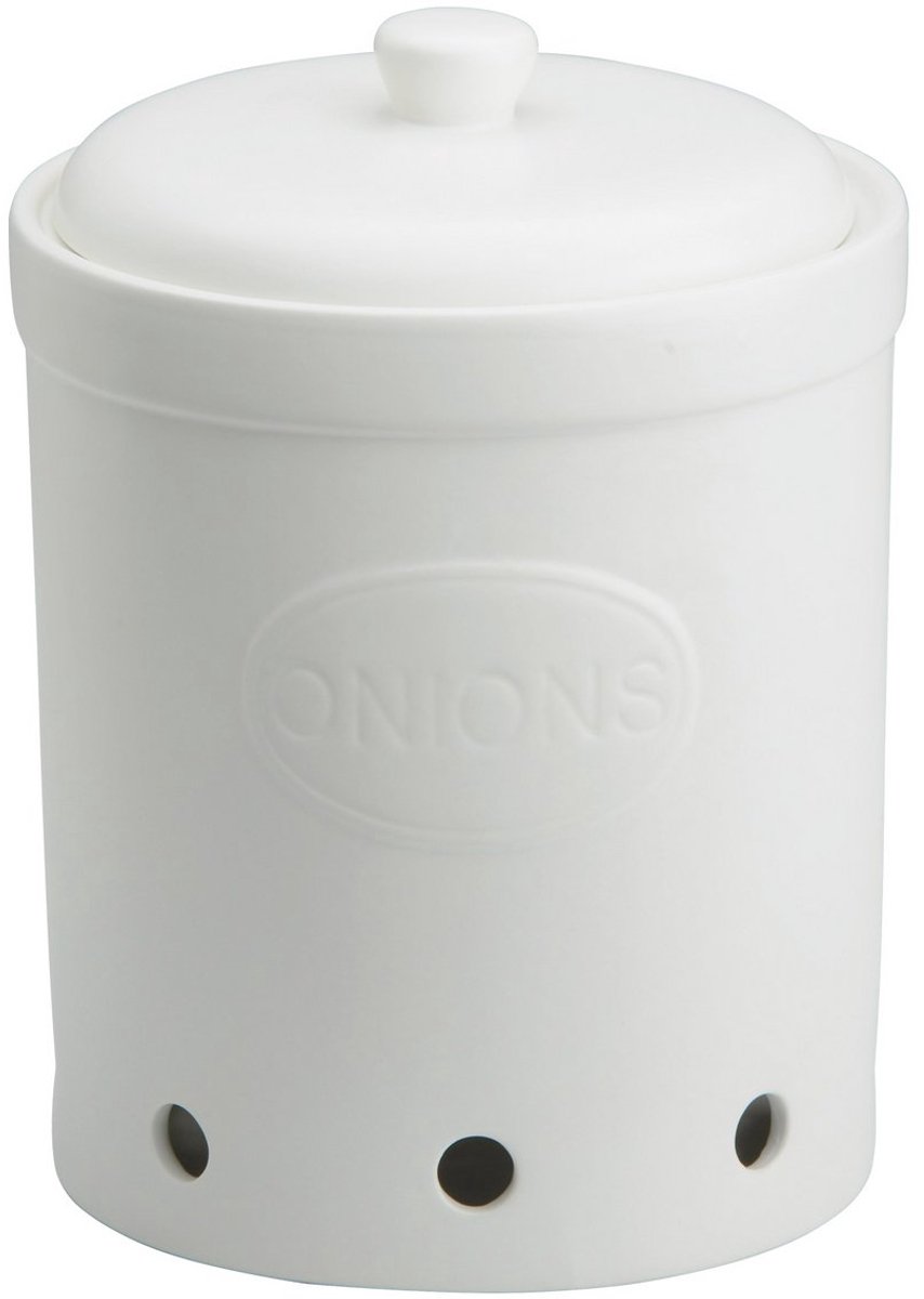 BIA Onions Uien Voorraadpot Mat Wit – Keramiek (Steengoed) – Ventilatiegaten – Keuken Opbergpot voor Uien – 20 x 20 x 28 cm