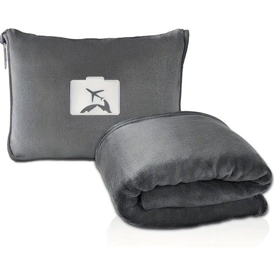 Ultiluxe® 2-in-1 reiskussen en reisdeken - Fleece deken - Grijs - Opvouwbaar met opbergzak - 150 x 130 cm - Comfortabel travel blanket - Reizen, vakantie, kamperen - Auto, vliegtuig of vliegreizen - Wasbaar - Opbergtas met ophanghaak