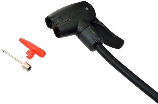 Pompkop met zwarte slang en twee bijgeleverde ventieladapters.