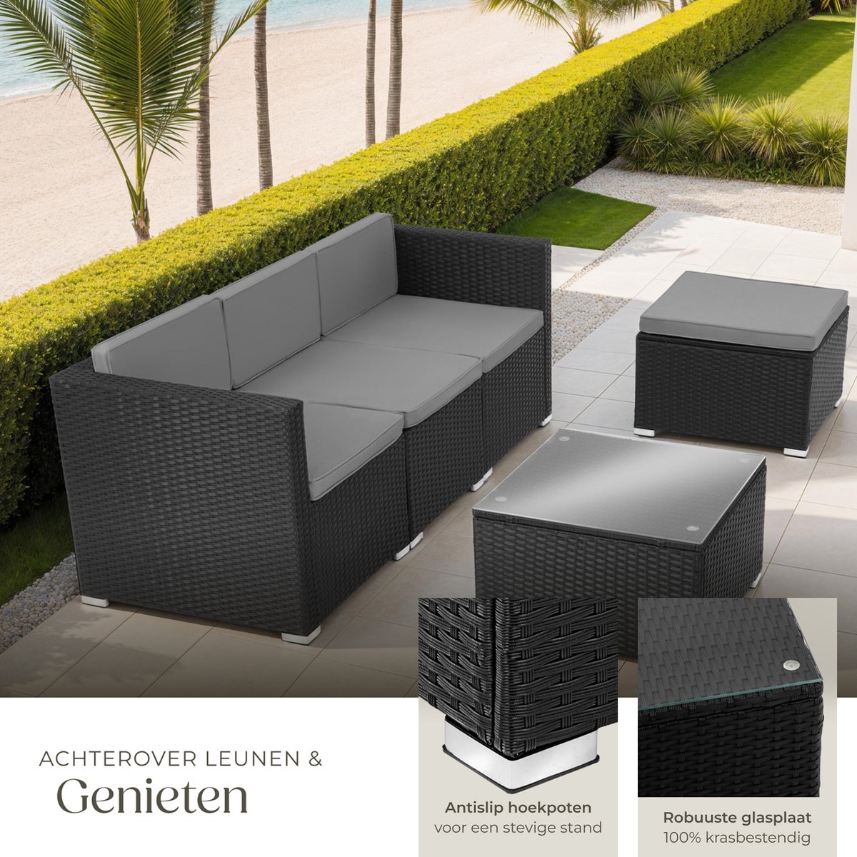tectake® Wicker lounge - Tuinmeubelset voor buiten met bank, fauteuil, kruk en tafel - Variabel combineerbaar - Weerbestendig meubilair - Voor 3-4 personen - Balkonmeubilair - Tuinlounge - Terrasmeubilair - Zwart thumbnail 3