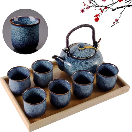 Dujust Japanse theeset, cyaanblauwe porseleinen theeset met 1 theepotset, 6 theekopjes, 1 theeblad, 1 roestvrijstalen zetgroep, Aziatische theeset voor volwassenen (straight grain design