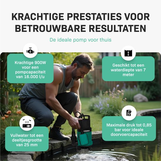 VONROC Pompe submersible – Pompe eau sale – Pompe à eau – 900W – 16000 l/h – Pour eau sale et propre – Avec flotteur