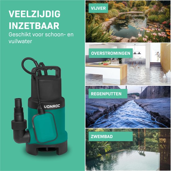 VONROC Pompe submersible – Pompe eau sale – Pompe à eau – 900W – 16000 l/h – Pour eau sale et propre – Avec flotteur