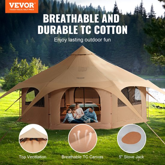 VEVOR Bell Tent 5 X 2,8 M Yurttent Tc Katoen en Zware Ijzeren Palen Met Een Oxford-Doek Grondzeil Campingtent 8-Persoons Familietent 8 Raamgroeptent voor Buitenavonturen van Vevor — afbeelding 2