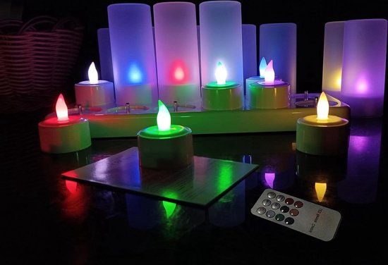 12 STKS Gekleurde Vlamloze Flikkerende Afstandsbediening Led Votive Theelicht Timer Kaarsen/Kleur Veranderende Batterij Operated LED Theelicht Nep Kaars voor Outdoor Halloween Pompoen Licht